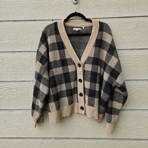 Barbour Glendevon Knit wool blend black and tan plaid boxy cardigan size 14